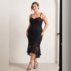 City Chic Black Lace Midi Dress with Scalloped Hem
